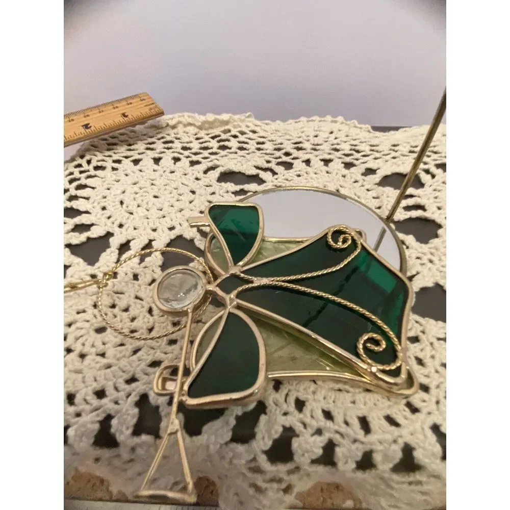 VTG Green Stained Glass Angel Ornament Sun Catcher Gold Metal Trim 5